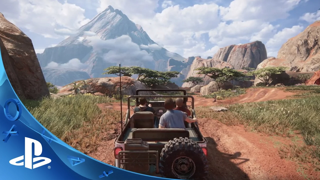 Nathan Drake and Sam drive through Madagascar in Uncharted 4