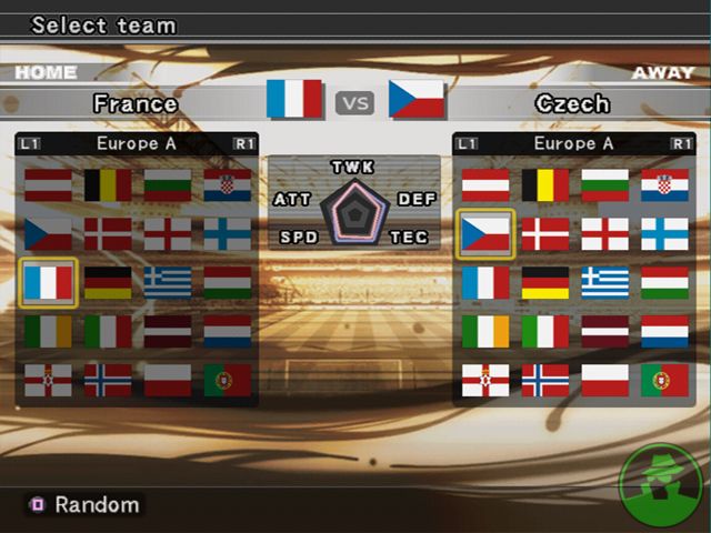 The team selection screen in Pro Evolution Soccer 6