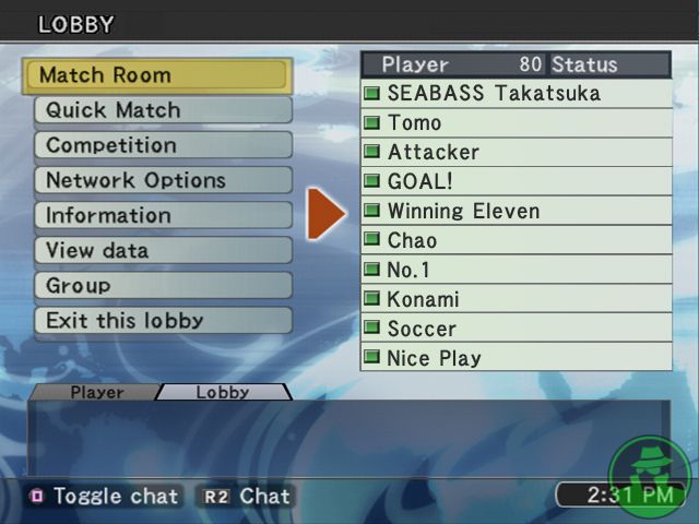A Pro Evolution Soccer 6 online lobby screen on PlayStation 2