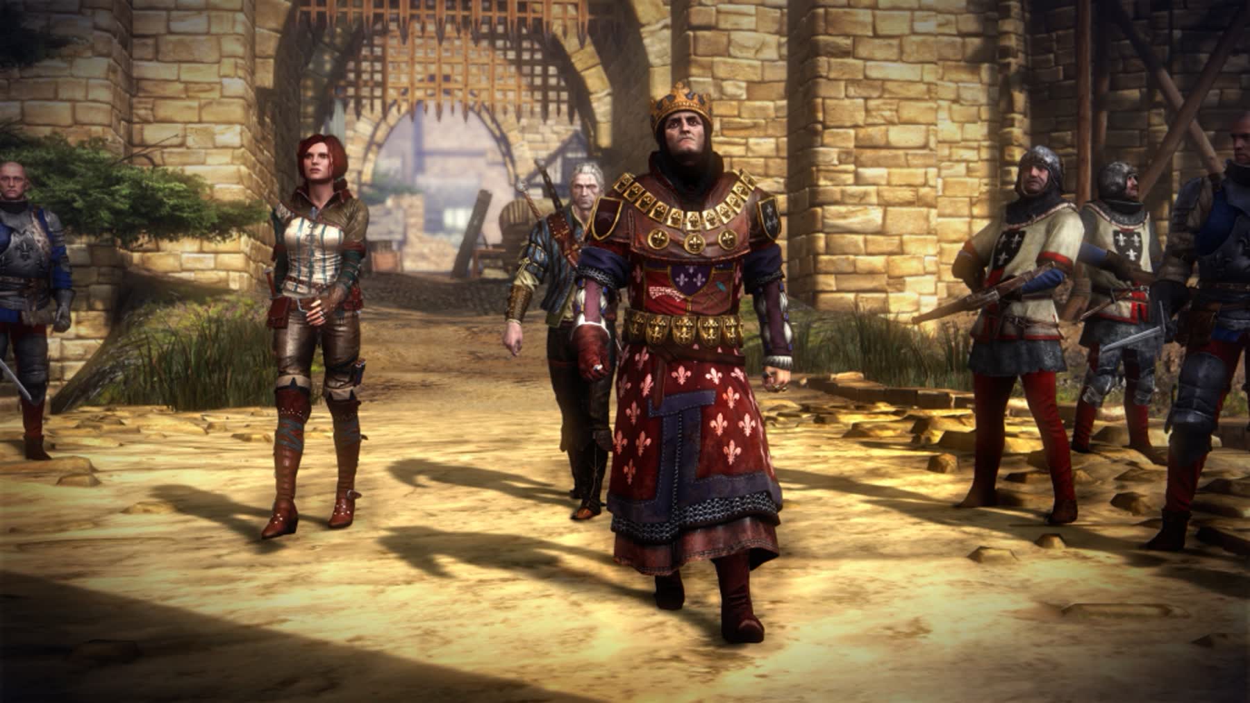 King Foltest stands with Geralt and Triss during the prologue of The Witcher 2: Assassins of Kings.