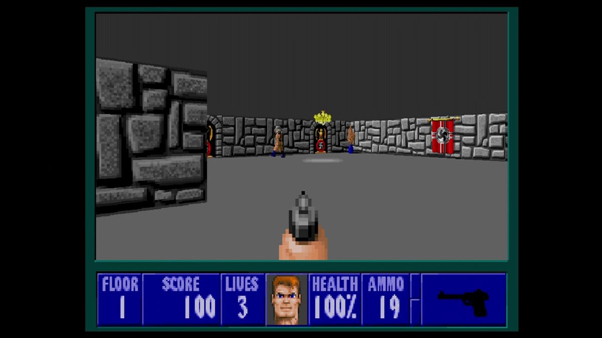 Wolfenstein 3D gameplay showing a first-person view of soldiers inside Castle Wolfenstein