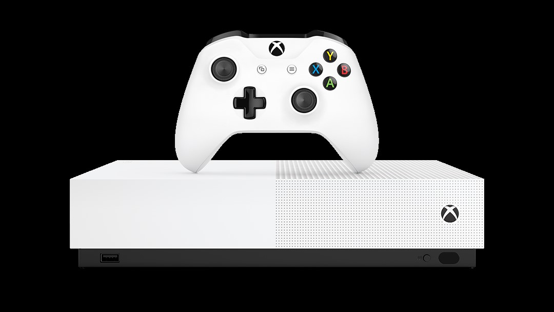 Xbox One S All-Digital Edition console and controller on a green background
