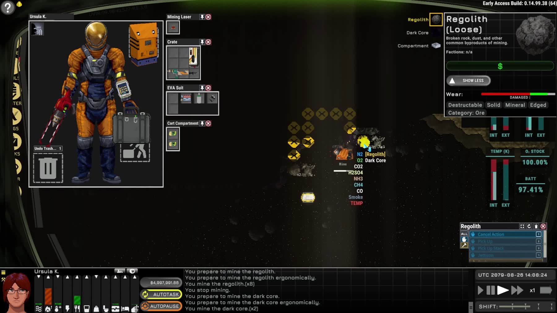 A suited Ostranauts character works outside in space near asteroids
