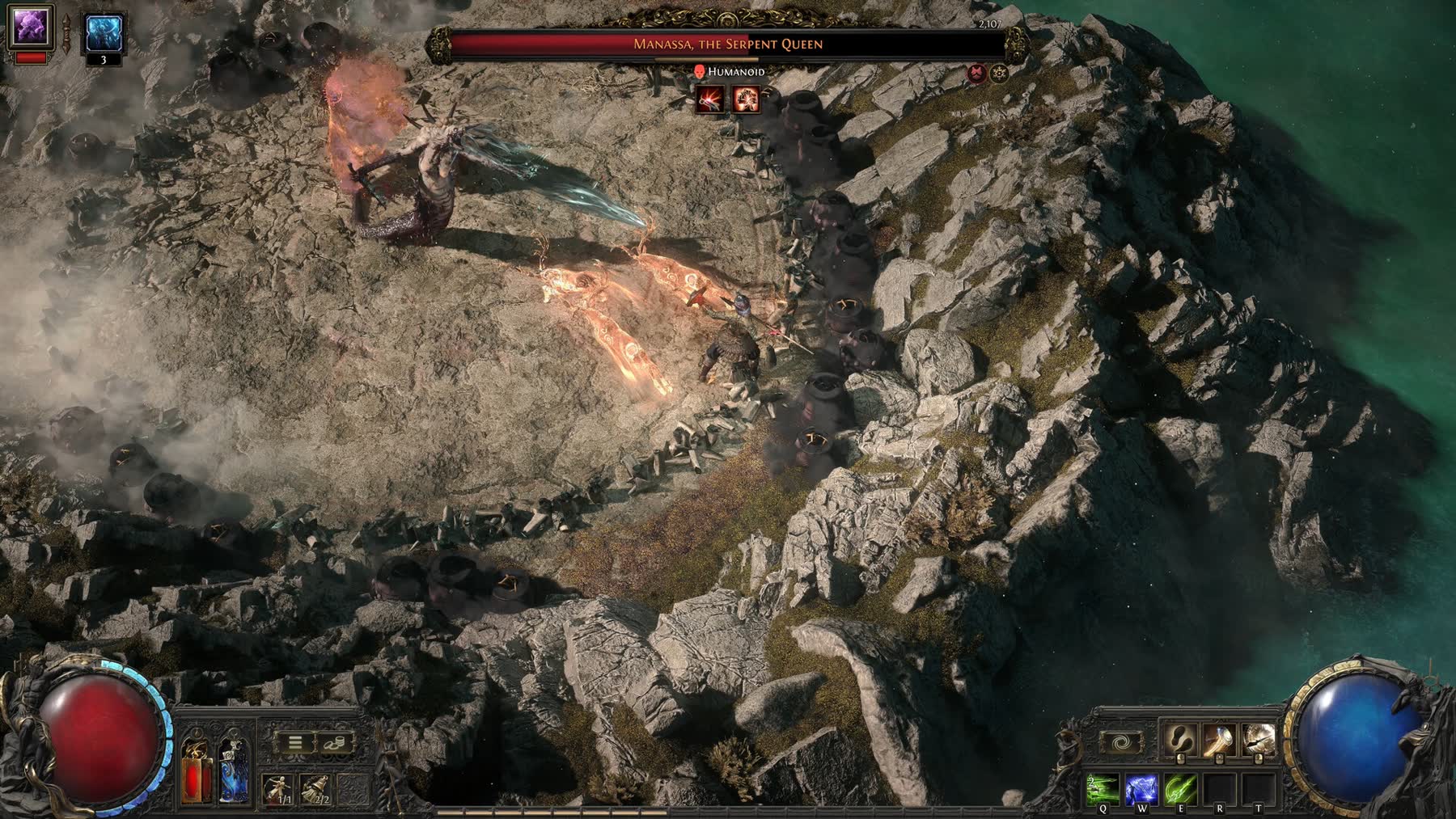 A Path of Exile 2 boss fight against Manassa, the Serpent Queen
