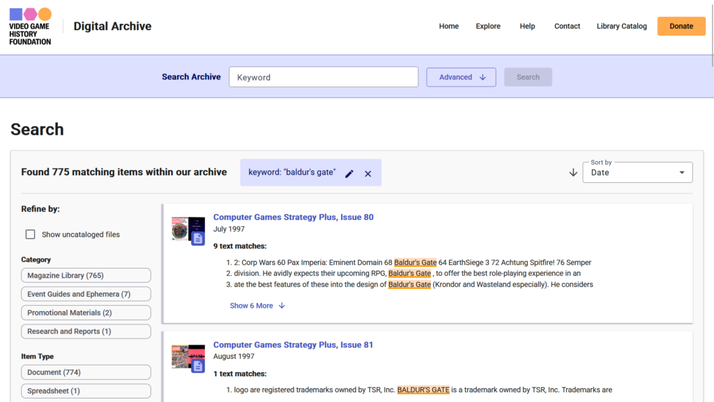Video Game History Foundation digital archive search page