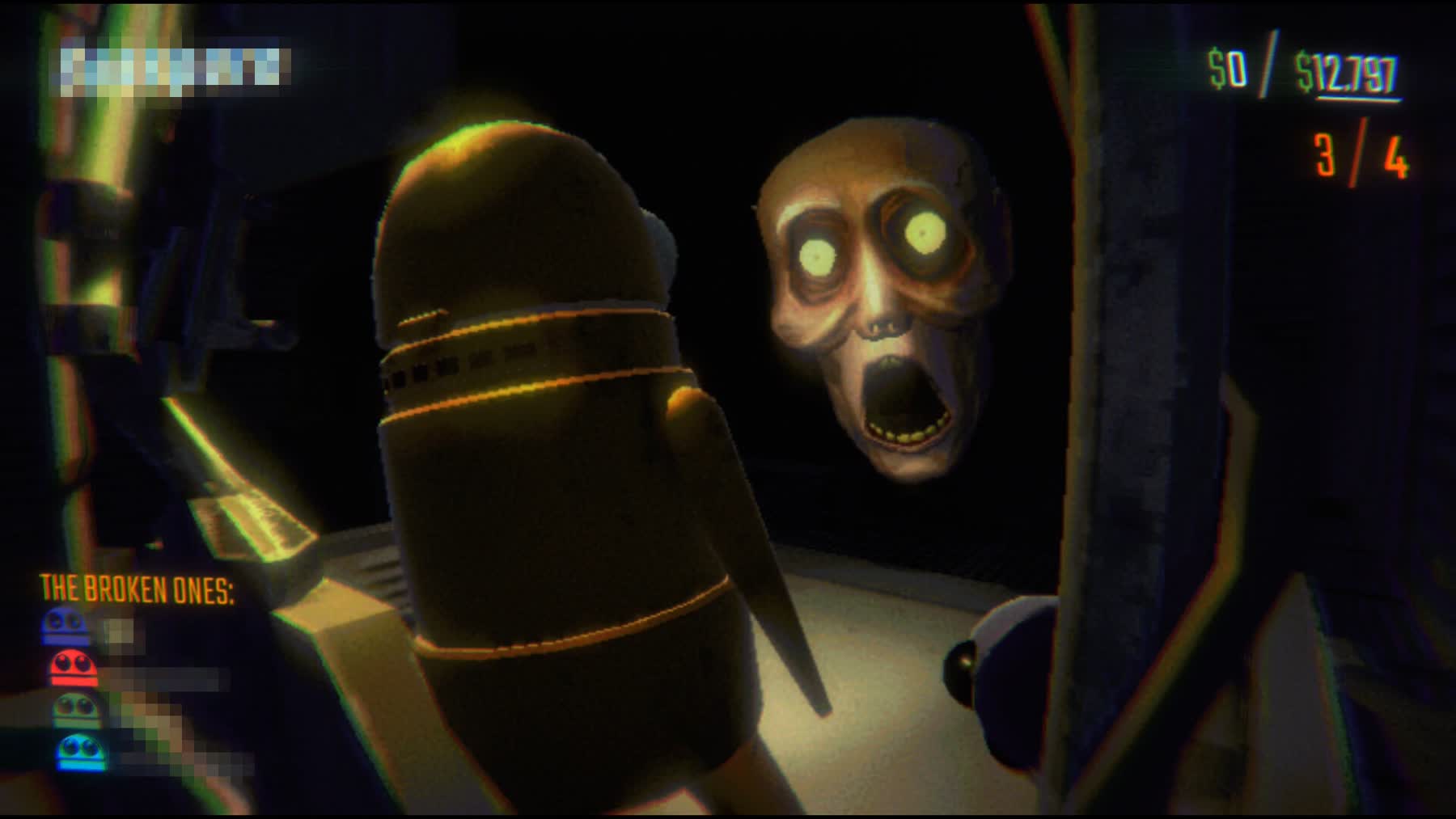 A R.E.P.O. player facing a monster in a dark room