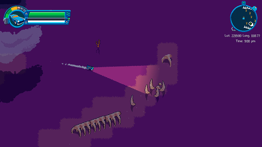 A car drives through a purple wasteland at night in RoadOut