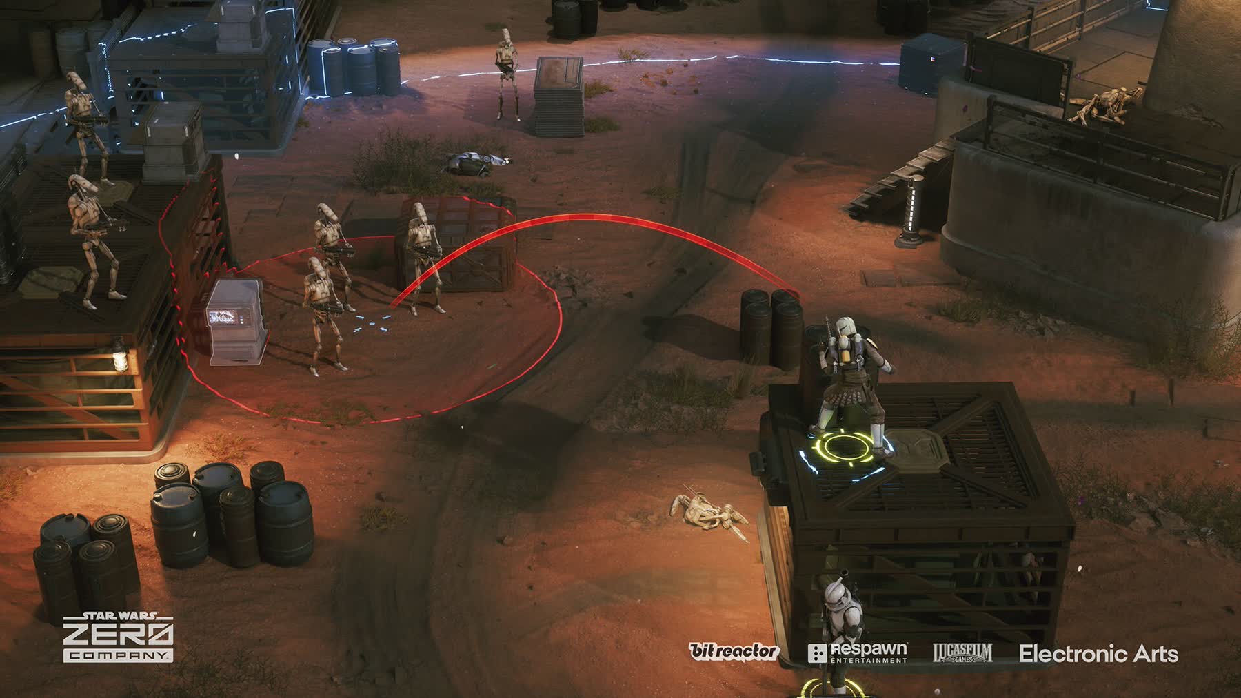 An isometric Star Wars Zero Company gameplay scene showing a squad engaging battle droids in tactical combat