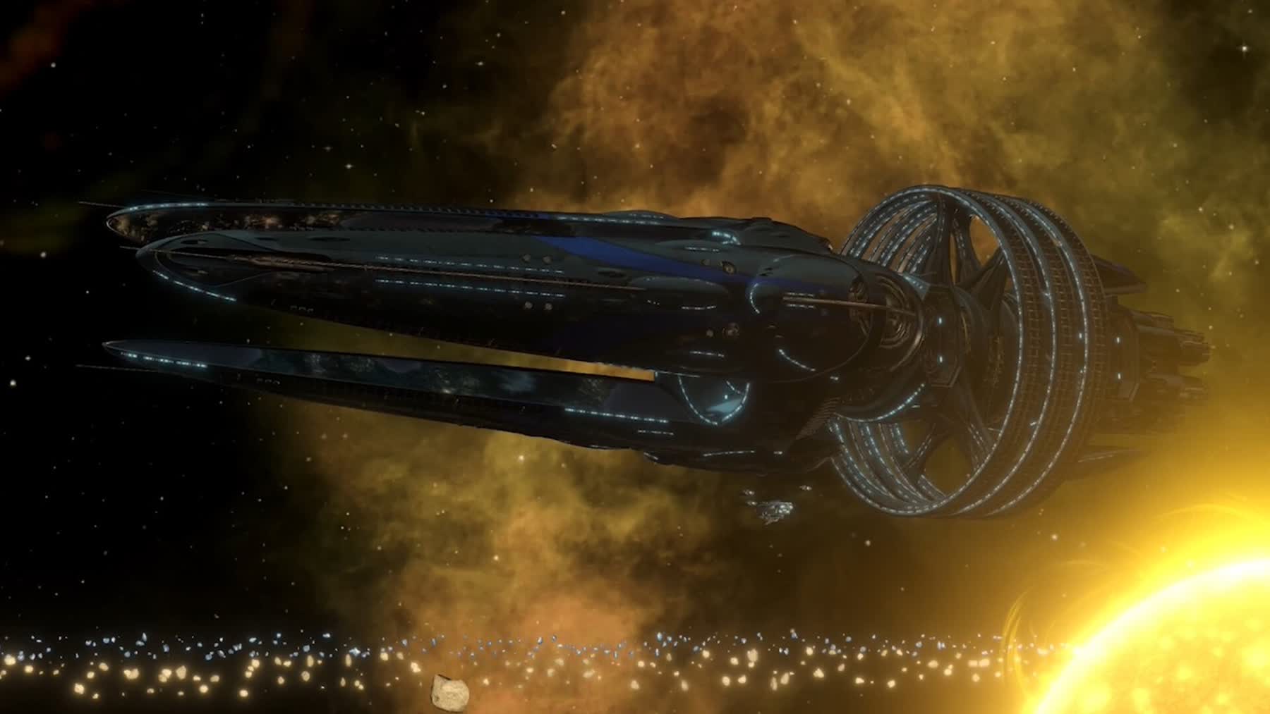 A large Stellaris Nomads ship moving through space