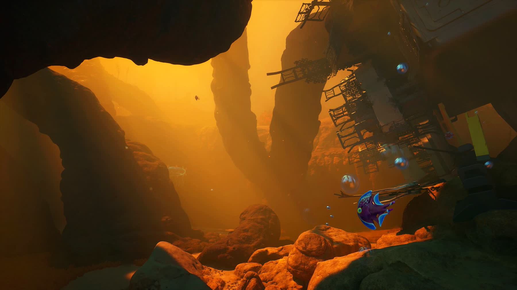 A diver swims near alien sea life in Subnautica 2