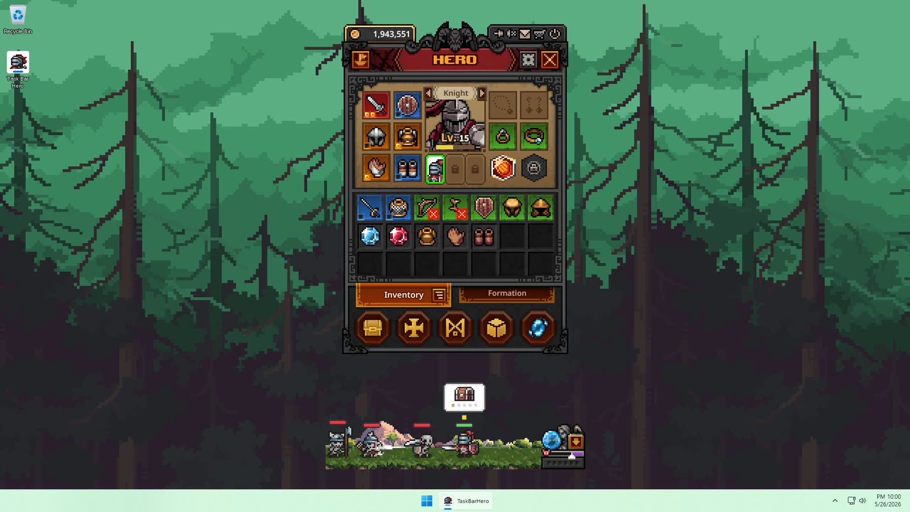 TBH: Task Bar Hero gameplay showing pixel heroes and loot on Steam