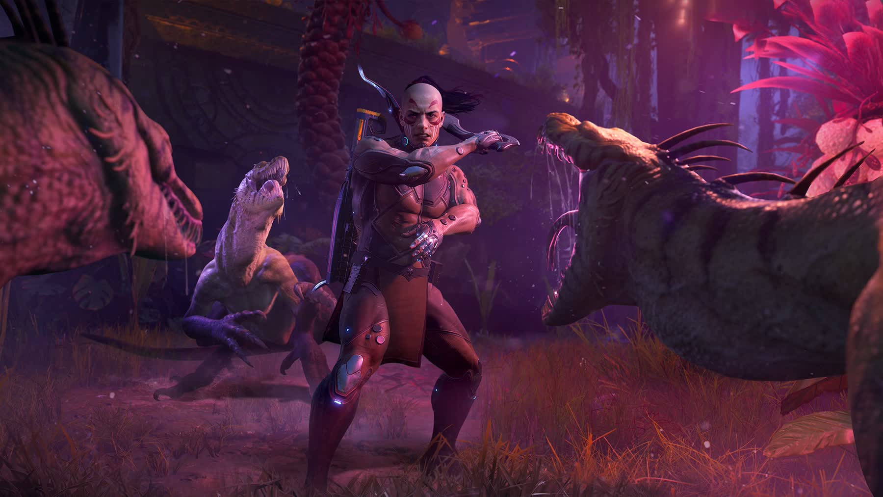 A Turok warrior faces dinosaur-like creatures in Turok: Origins