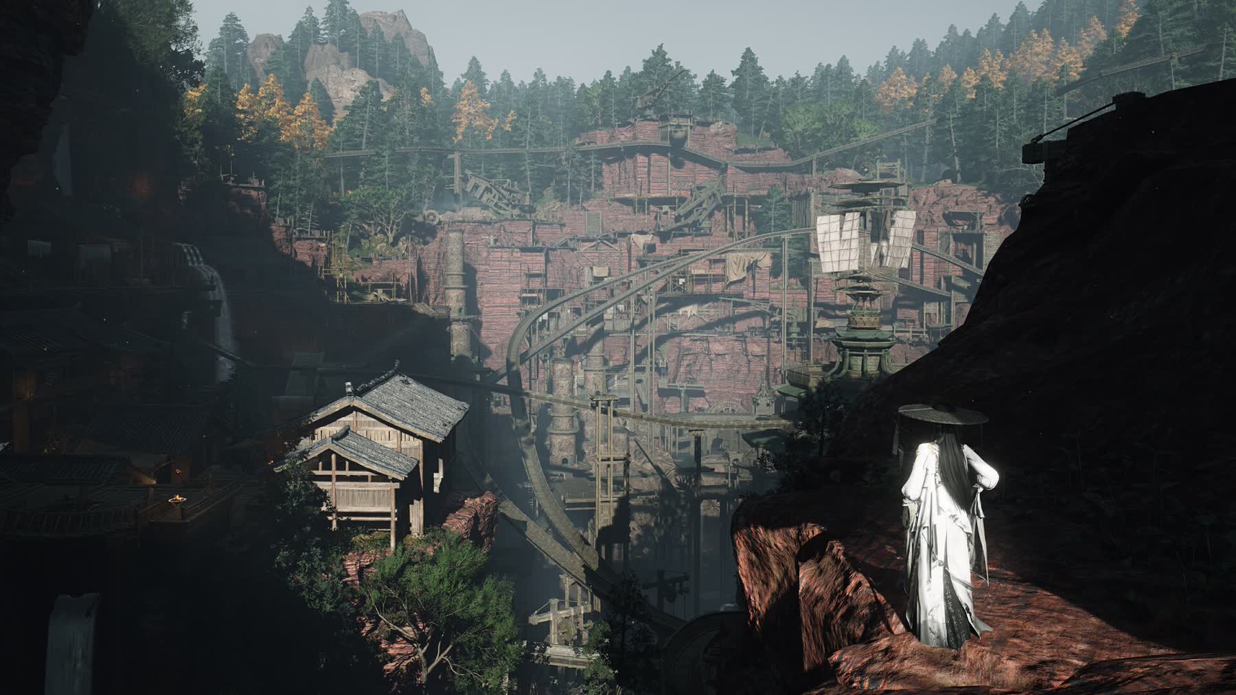 A white-robed character overlooking a red-rock settlement in Where Winds Meet