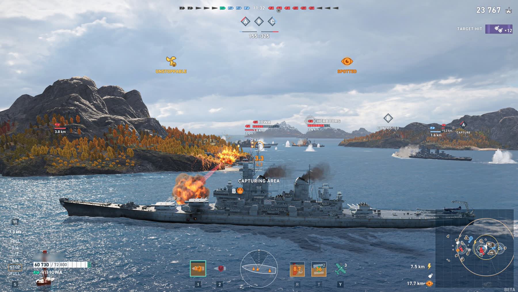A warship firing across the water in World of Warships: Legends